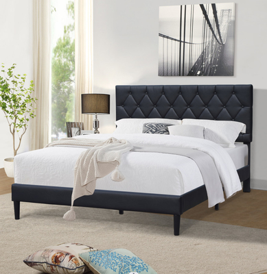 Black Facux Leather Upholstered Platform Bed Frame Queen Size With Tufted Headboard