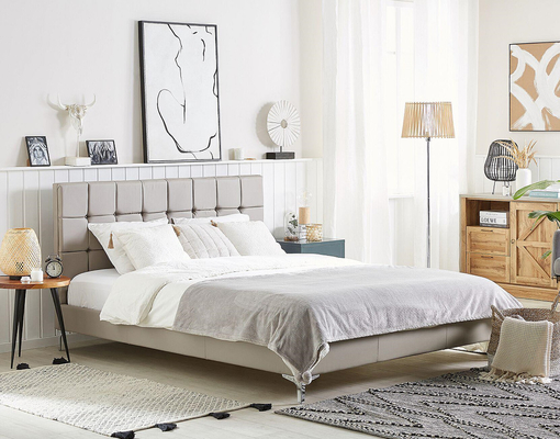 Plywood Upholstered Sleigh Bed Frame Leather With Dimond Buttons Headboard