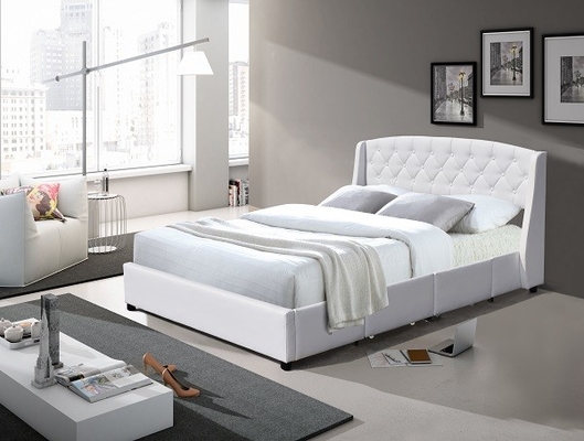 Two LED Ears Faux Leather Queen Size Upholstered Bed 4 Mental Drawers Tufted Buttons