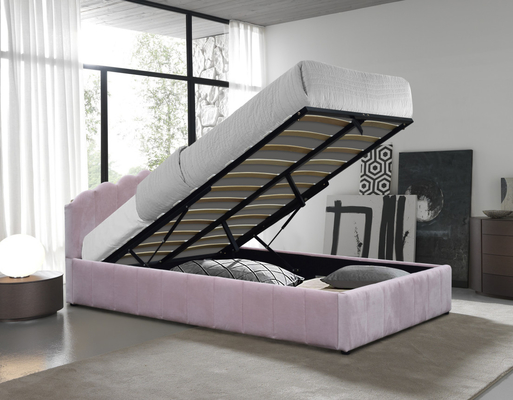 Upholstered Gas Lift Storage Bed Double Size Pink Color Plush Velvet Fabric