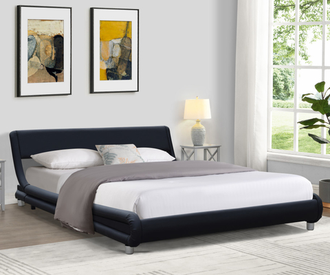 Modern Black Faux Leather Upholstered Bed Double Size For Bedroom