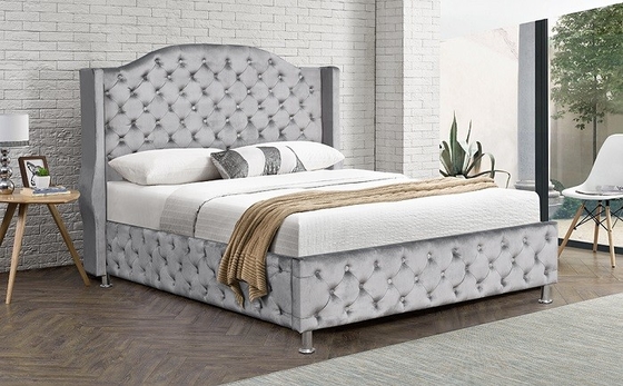 Customized Silver Grey Upholstered Bed Velvet Fabric Button Tufted High Headboard