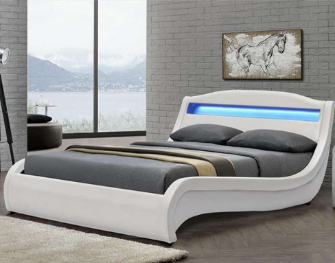 Ergonomics Contemporary  Upholstered Bed Frame White Pu Leather With LED Light