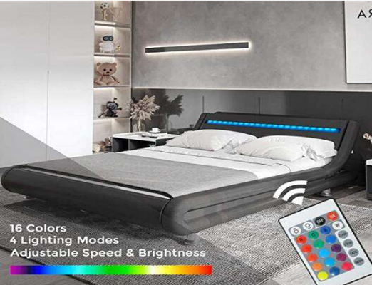 Black Double Upholstered Bed Linen Fabric Platform Bed With LED Light