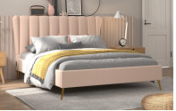 Wingback Bed Frame Upholstered Fabric Cream-Coloured King Size