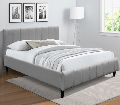 Twin Size BSCI White Upholstered Bed Frame With Vertical Stripes On Headboard