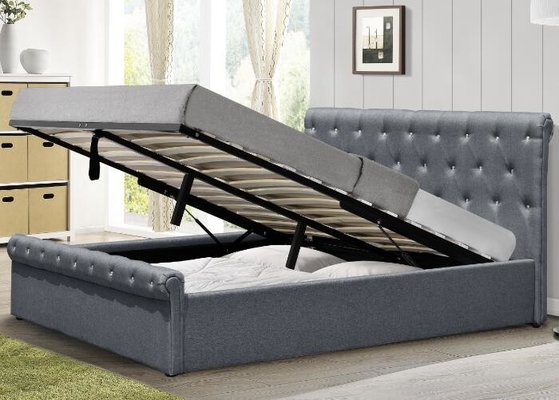 Diamond Buttons Gas Lift Storage Bed Double Size Grey Linen Ottoman Bed BSCI Certification