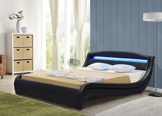 ROSH LED Upholstered Bed Plywood Black Faux Leather King Size Low Modern Wooden Bed Frame