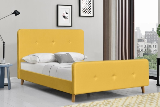 Linen Fabric Upholstered Double Bed Frame Yellow Plywood