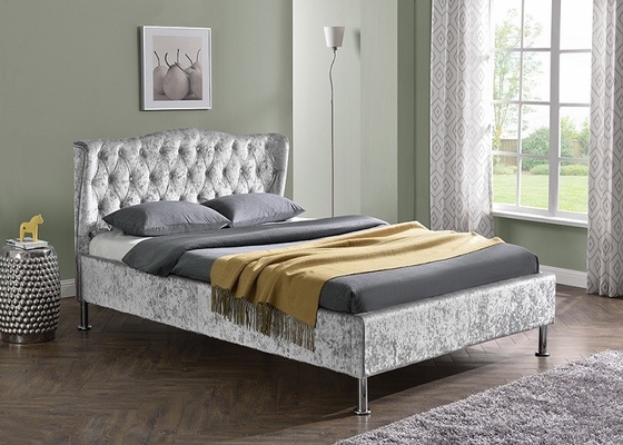 Linen Fabric Upholstered Platform Bed Frame With Buttons Modern Light Grey King Size