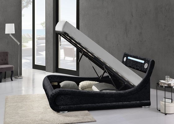 Black Leather Upholstered King Size Storage Bed Curve Shape With LED Light