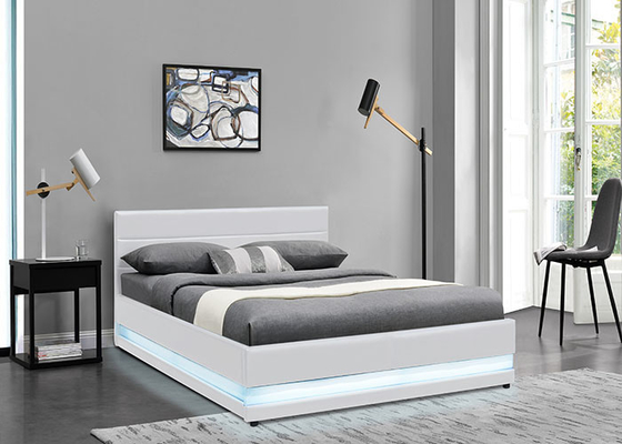 White Leather Gas Lift Storage Double Bed Modern Fabric Upholstered With LED Light