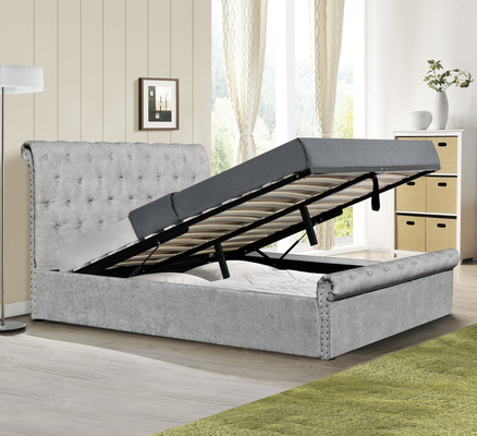 Plywood Chenille Ottoman Double Bed Frame With Storage Sleigh Shape Full Size
