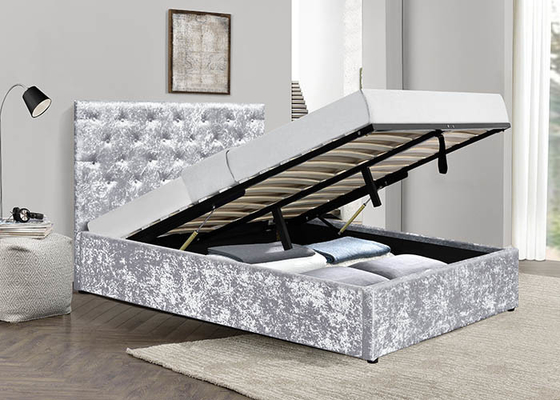 Crushed Silver Velvet Gas Lift Up Storage Bed Soft Bedroom Furniture BSCI