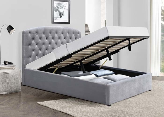 Slatted Gas Lift Storage Bed Double King Size Unadjustable Fabric Upholstered Sleigh Bed