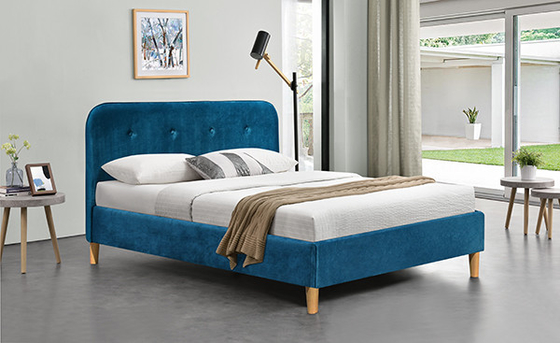 Velvet Blue Plywood Bed Frame BSCI Fabric Upholstered Queen Bed Headboard