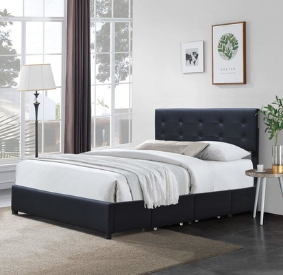 Queen Upholstered Bed Frame White Faux Leather Metal Four Drawer
