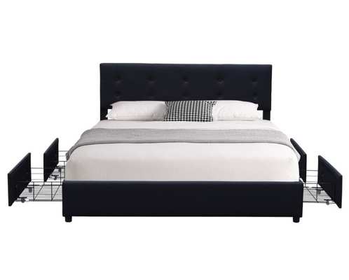 Queen Upholstered Bed Frame White Faux Leather Metal Four Drawer