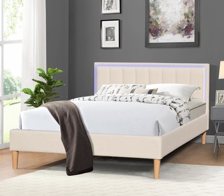 Double Size Linen Fabric Wood Upholstered Bed With LED Lights Headboard