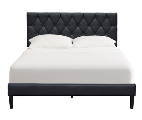 Black Facux Leather Upholstered Platform Bed Frame Queen Size With Tufted Headboard