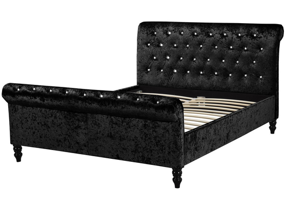Upholstered Plywood Black Sleigh Bed Frame With Dimond Buttons Headboard / Footboard