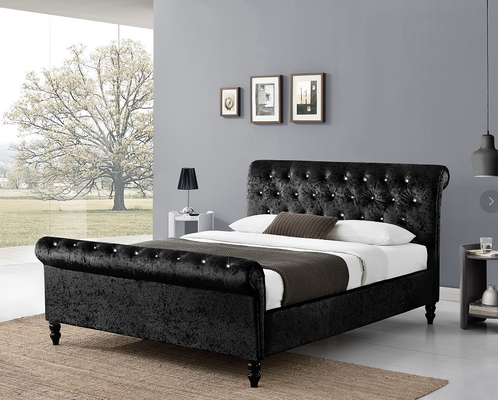 Upholstered Plywood Black Sleigh Bed Frame With Dimond Buttons Headboard / Footboard