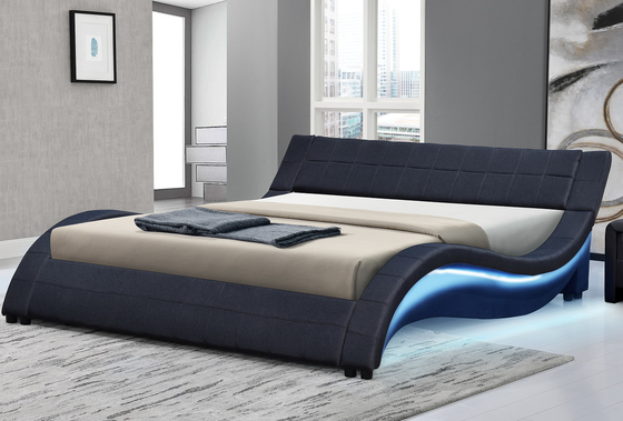 Upholstered Plywood Bed Frame Wave Shape PU Leather With LED Both Side Rails