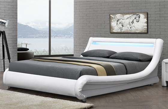 PU Plywood Upholstered Sleigh Bed Frame With RGB LED Headboard