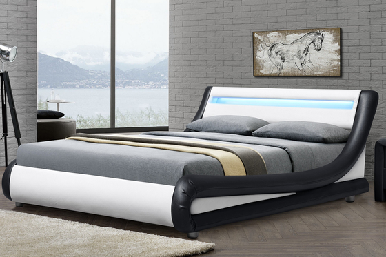 PU Plywood Upholstered Sleigh Bed Frame With RGB LED Headboard