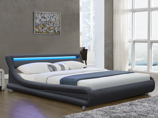 PU Plywood Upholstered Sleigh Bed Frame With RGB LED Headboard