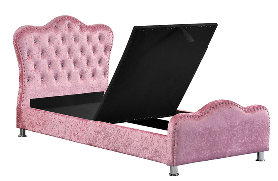 Pink Color Light Upholstered Bed Frame With Crown Headboard Storage Crystal Buttons