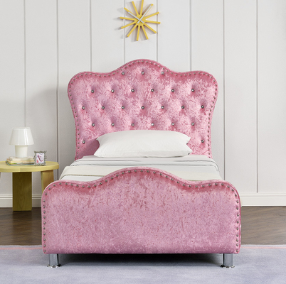 Pink Color Light Upholstered Bed Frame With Crown Headboard Storage Crystal Buttons