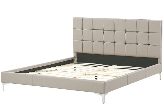 Plywood Upholstered Sleigh Bed Frame Leather With Dimond Buttons Headboard