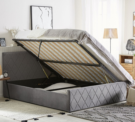 Upholstered Plywood Bed Frame Grey Velvet Fabric With Gas Lift Storage