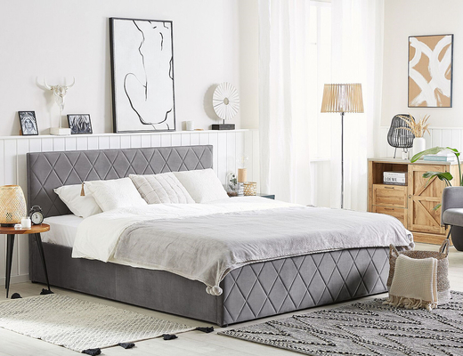 Upholstered Plywood Bed Frame Grey Velvet Fabric With Gas Lift Storage