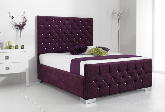 Red Wine Velvet Fabric Bed Frame Double Size Wood High Headboard Bed