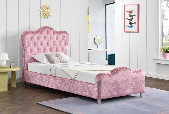 Pink Color Light Upholstered Bed Frame With Crown Headboard Storage Crystal Buttons