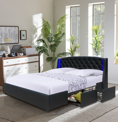 Modern Queen Size MDF Wooden Double Bed With Storage Box 4 Drawer