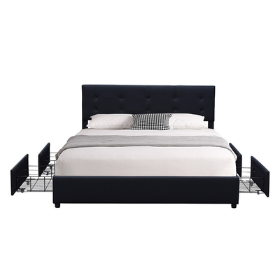 California King Size Wood Upholstered Headboard Bed Frame Tufted With Four Storage Drawer