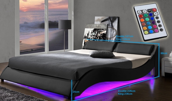 King Size Soft Upholstered Bed Frames PU Synthetic Leather Curve Shape With LED Headboard