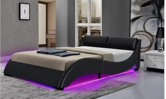 King Size Soft Upholstered Bed Frames PU Synthetic Leather Curve Shape With LED Headboard