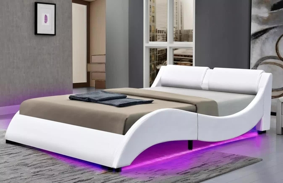 King Size Soft Upholstered Bed Frames PU Synthetic Leather Curve Shape With LED Headboard