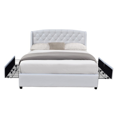 Two LED Ears Faux Leather Queen Size Upholstered Bed 4 Mental Drawers Tufted Buttons
