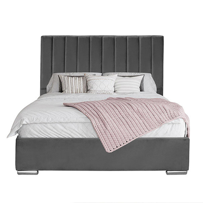 Grey Velvet Ottoman Gas Lift Storage Bed Faux Leather With High Headboard