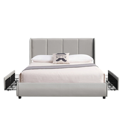 PU Tufted Upholstered Bed Frame Double Queen Size With Storage Metal Drawers