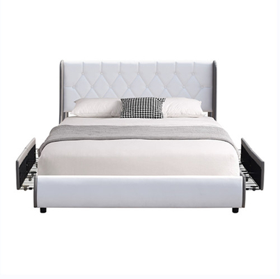 Tufted PU Leather Bed Frame Light Grey And White Four Drawer Storage Bed