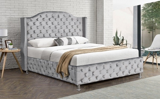Customized King Size Upholstered Platform Bed Velvet Fabric Button Tufted High Headboard