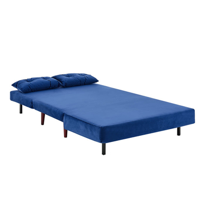 Tri Foldable Blue Velvet Upholstered Daybed 2 Seater Pull Out Sofa Bed