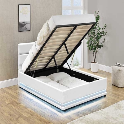 White 150x200 CM Platform LED Bed Frame Automatic Gas Lift With Storage Box