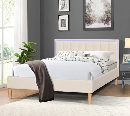 Queen Size Linen Fabric Wood Upholstered Bed With LED Lights Headboard